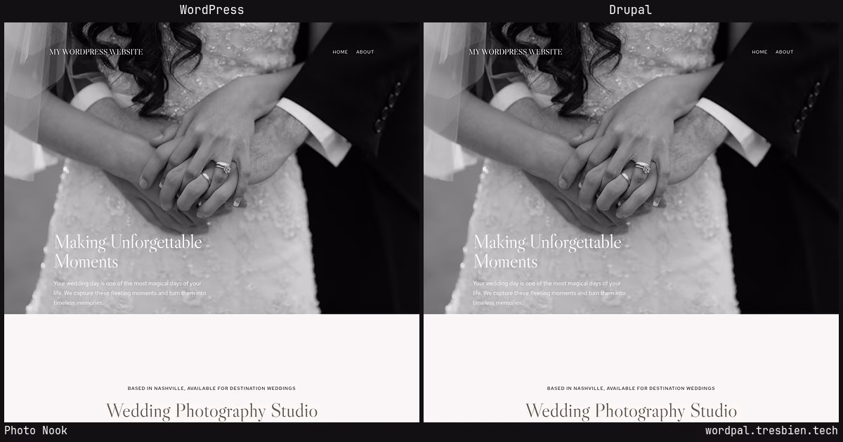Photo Nook home page: WordPress original on the left, Drupal conversion by WordPal on the right. 2 elements differ.