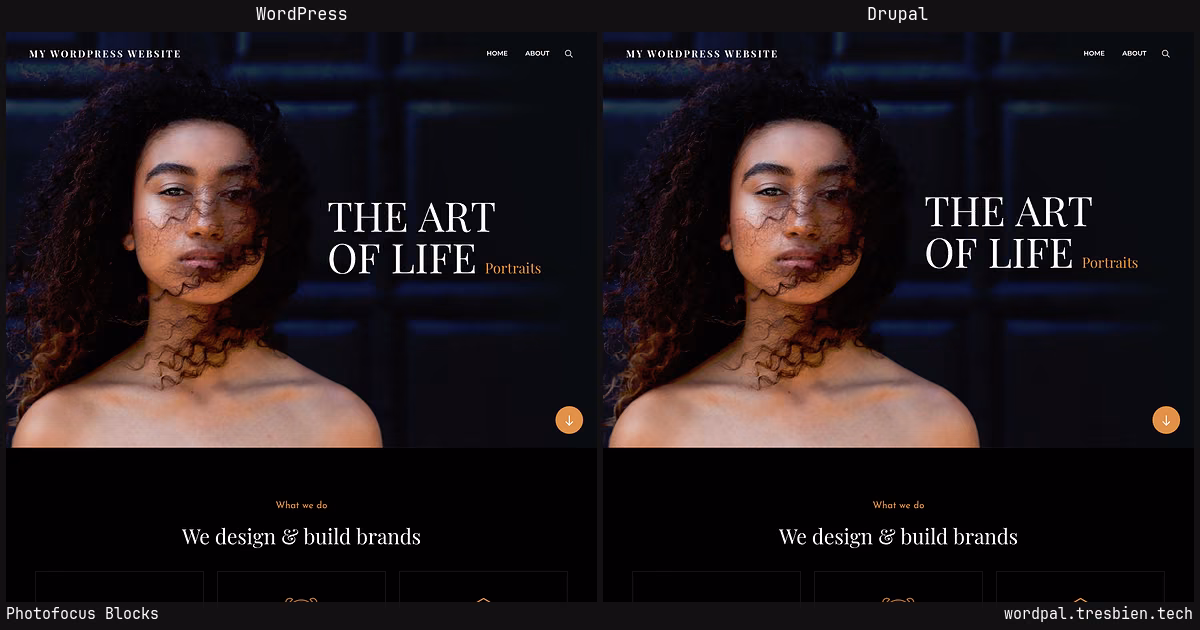 Photofocus Blocks home page: WordPress original on the left, Drupal conversion by WordPal on the right. 3 elements differ.