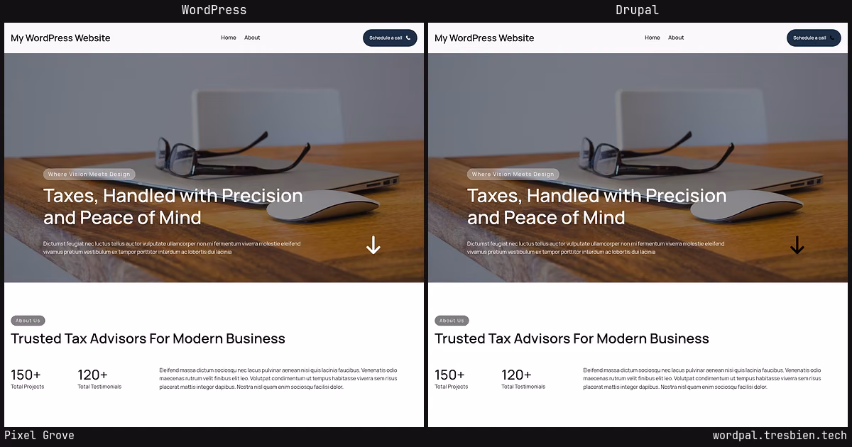 Pixel Grove home page: WordPress original on the left, Drupal conversion by WordPal on the right. 12 elements differ.