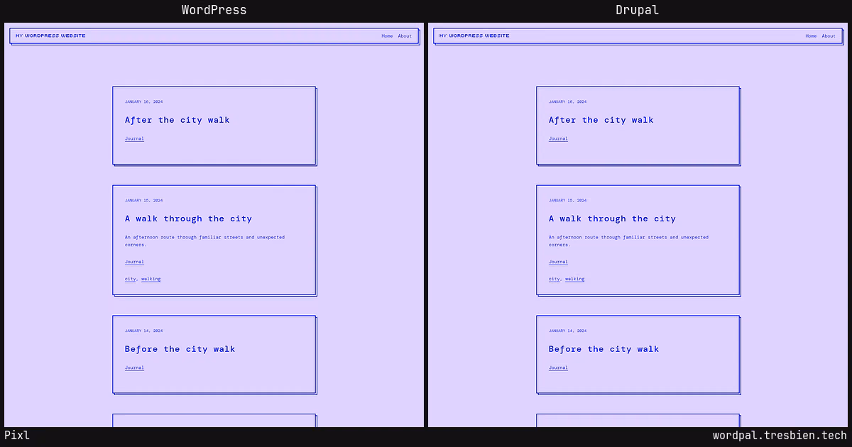 Pixl home page: WordPress original on the left, Drupal conversion by WordPal on the right.