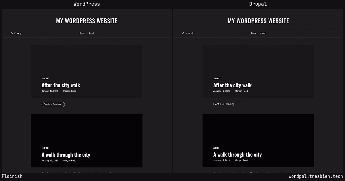 Plainish home page: WordPress original on the left, Drupal conversion by WordPal on the right.