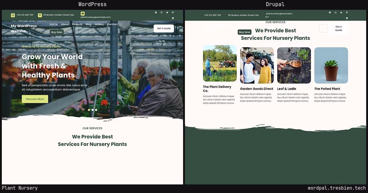 Plant Nursery home page: WordPress original on the left, Drupal conversion by WordPal on the right. 5 elements differ.