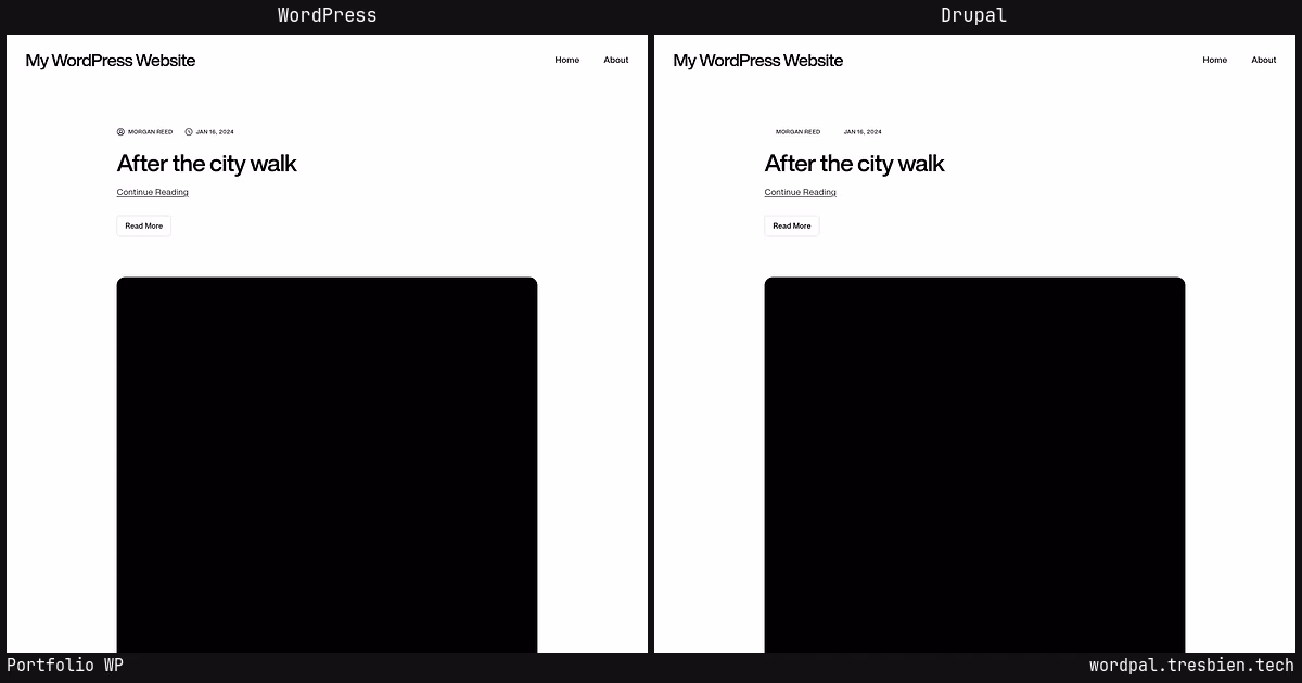Portfolio WP home page: WordPress original on the left, Drupal conversion by WordPal on the right. 12 elements differ.