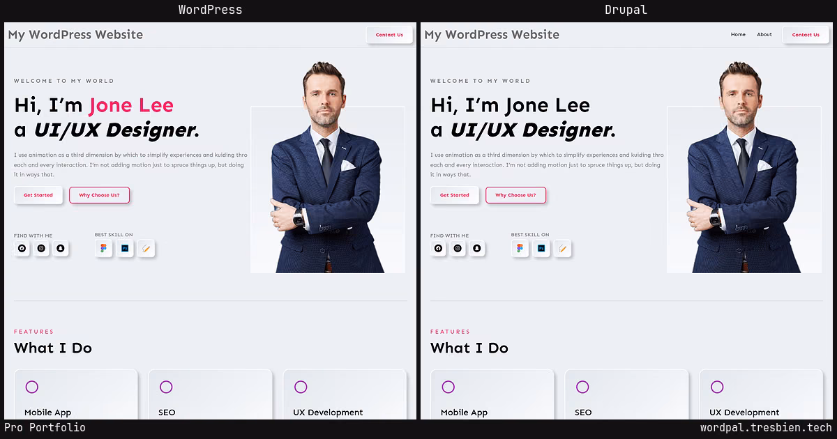 Pro Portfolio home page: WordPress original on the left, Drupal conversion by WordPal on the right. 7 elements differ.