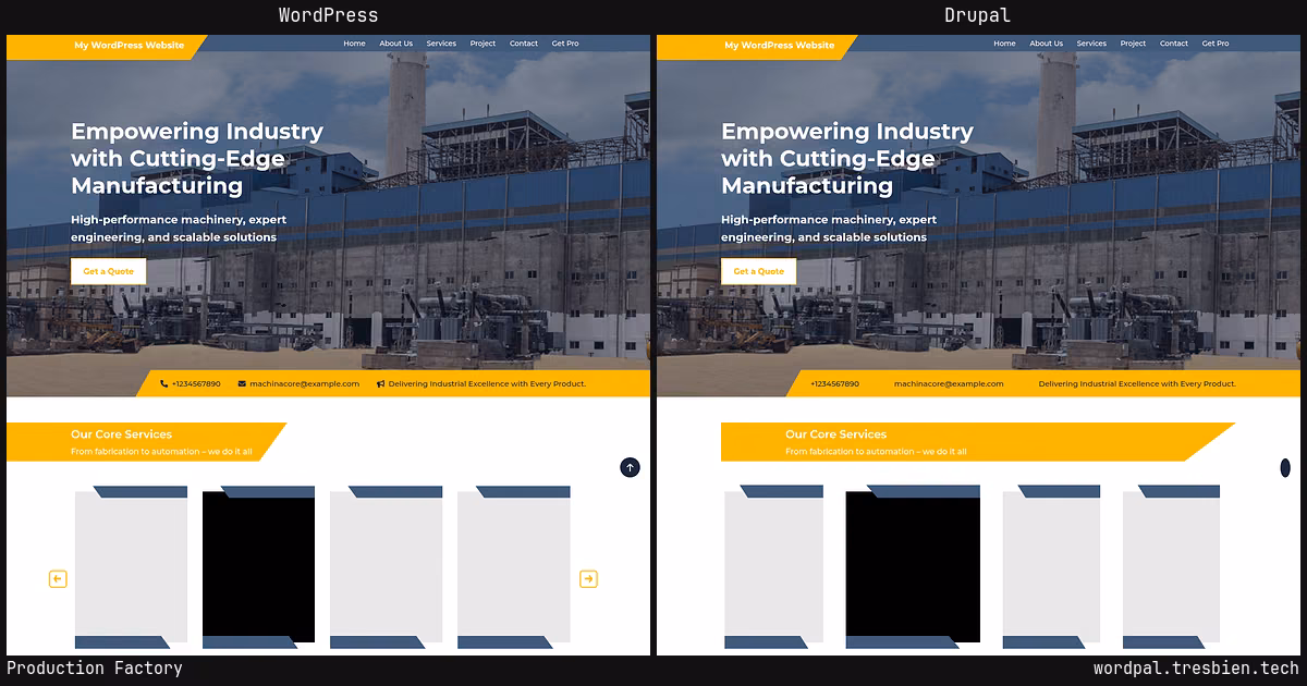 Production Factory home page: WordPress original on the left, Drupal conversion by WordPal on the right. 17 elements differ.