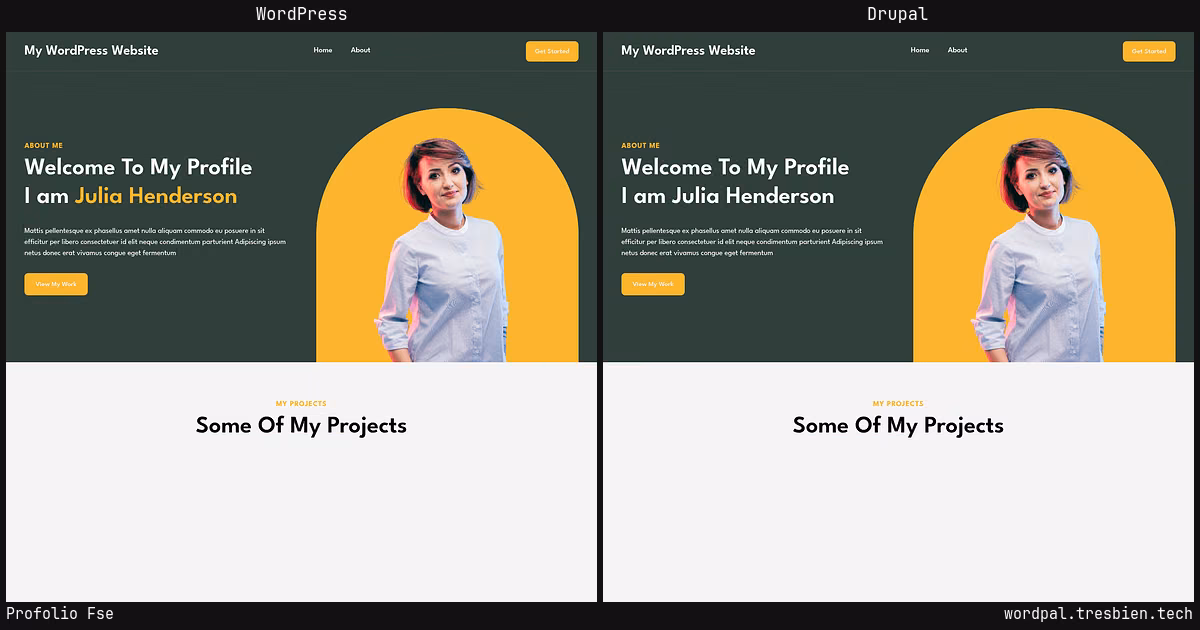 Profolio Fse home page: WordPress original on the left, Drupal conversion by WordPal on the right. 5 elements differ.