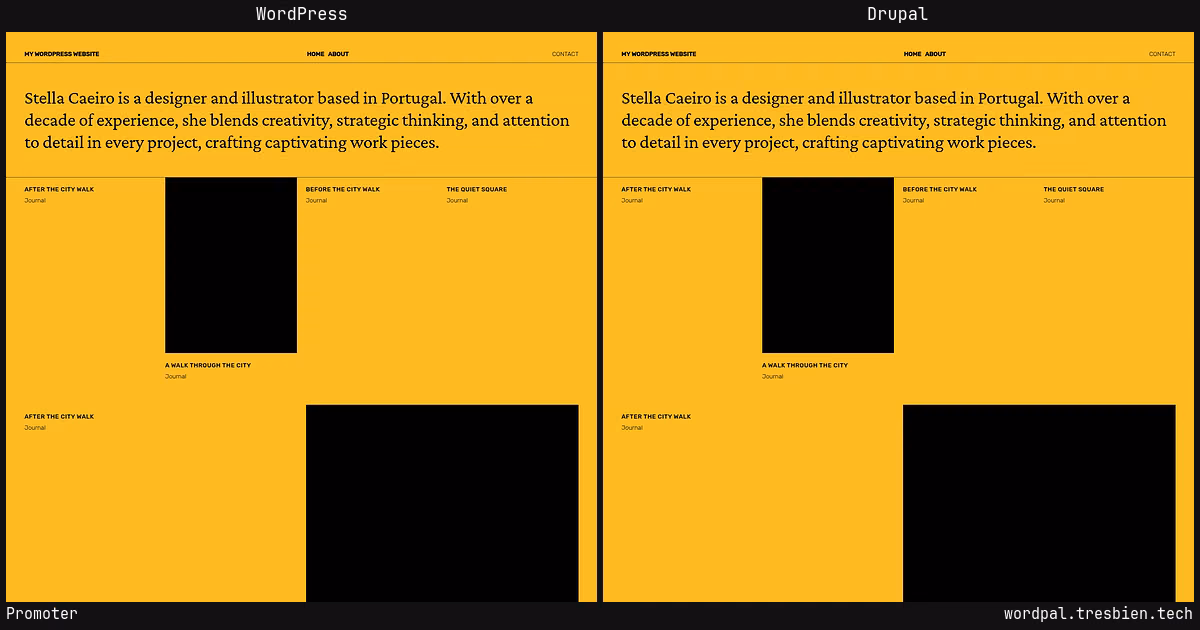 Promoter home page: WordPress original on the left, Drupal conversion by WordPal on the right. 1 elements differ.