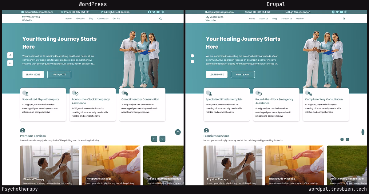 Psychotherapy home page: WordPress original on the left, Drupal conversion by WordPal on the right. 22 elements differ.