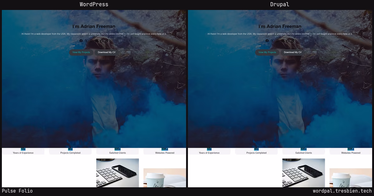 Pulse Folio home page: WordPress original on the left, Drupal conversion by WordPal on the right. 1 elements differ.