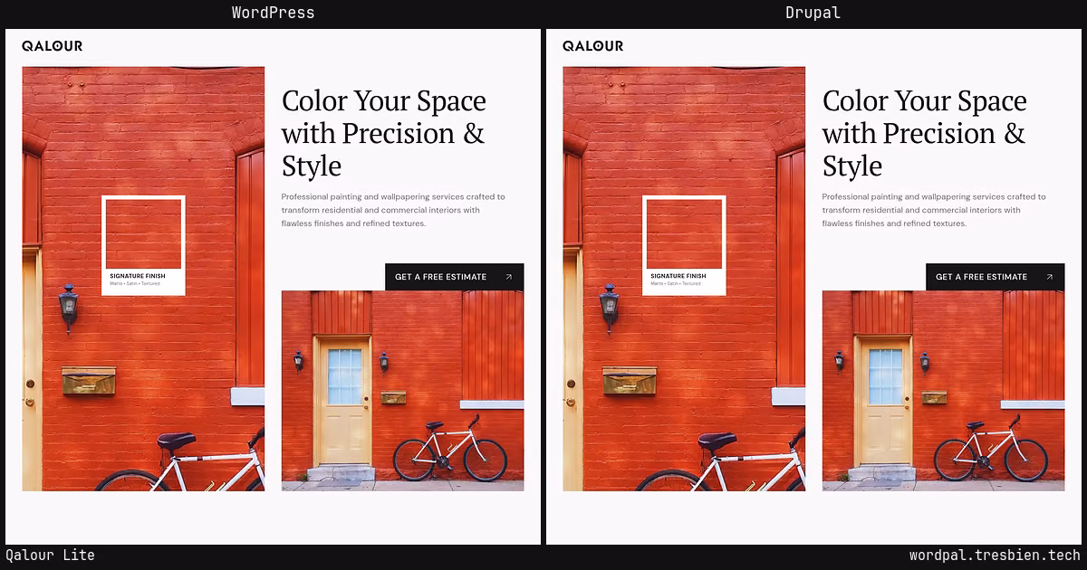 Qalour Lite home page: WordPress original on the left, Drupal conversion by WordPal on the right. 8 elements differ.