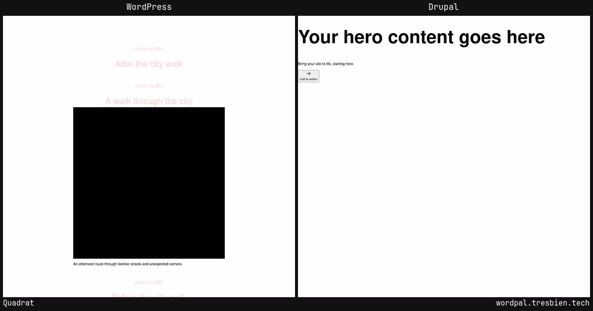Quadrat home page: WordPress original on the left, Drupal conversion by WordPal on the right.