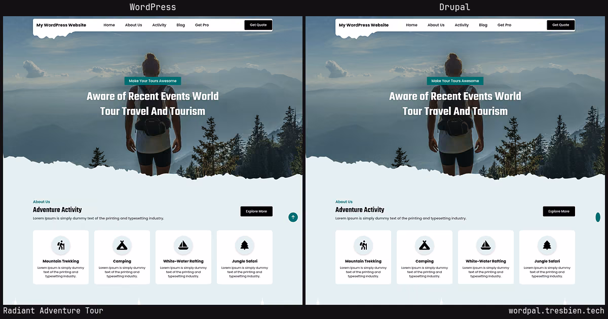 Radiant Adventure Tour home page: WordPress original on the left, Drupal conversion by WordPal on the right. 5 elements differ.