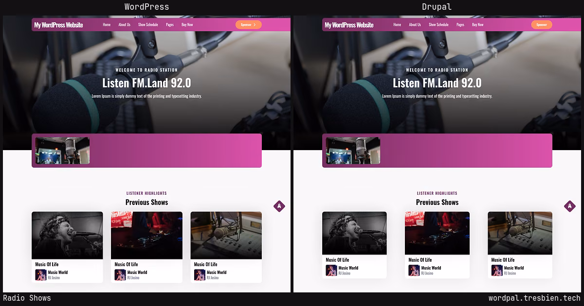 Radio Shows home page: WordPress original on the left, Drupal conversion by WordPal on the right. 6 elements differ.