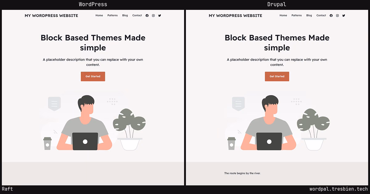 Raft home page: WordPress original on the left, Drupal conversion by WordPal on the right.