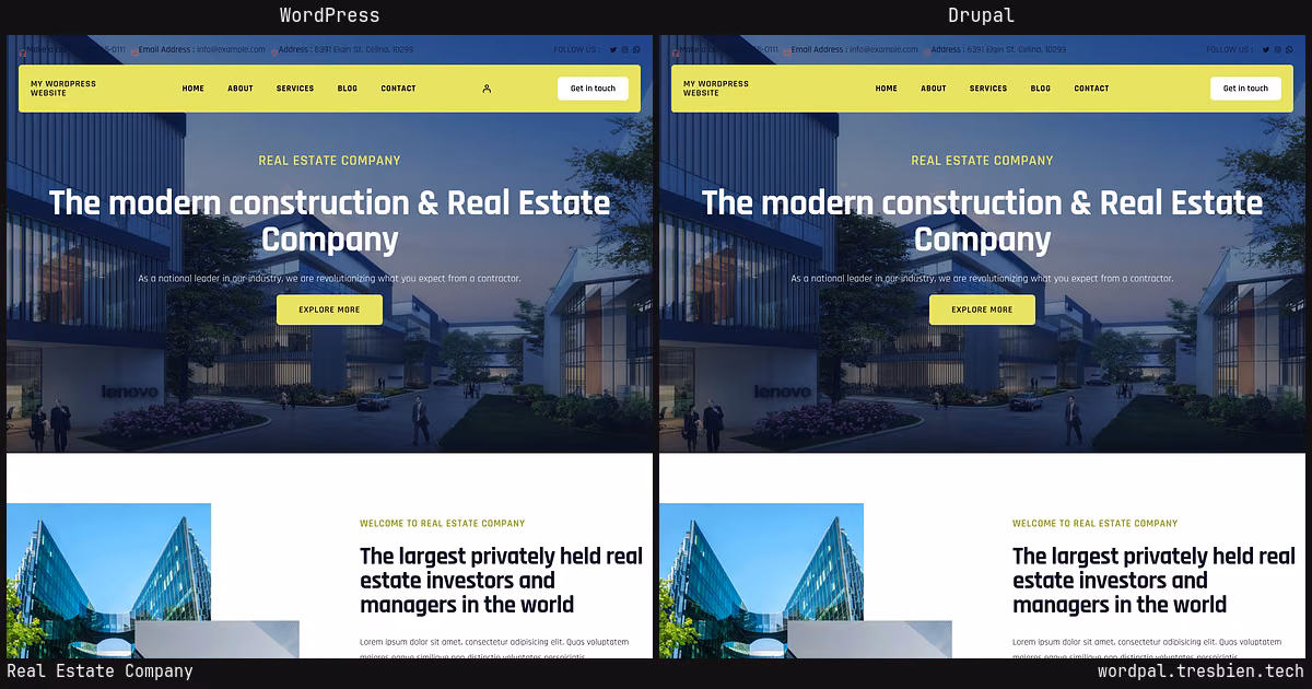 Real Estate Company home page: WordPress original on the left, Drupal conversion by WordPal on the right. 10 elements differ.