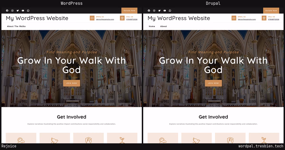 Rejoice home page: WordPress original on the left, Drupal conversion by WordPal on the right. 1 elements differ.