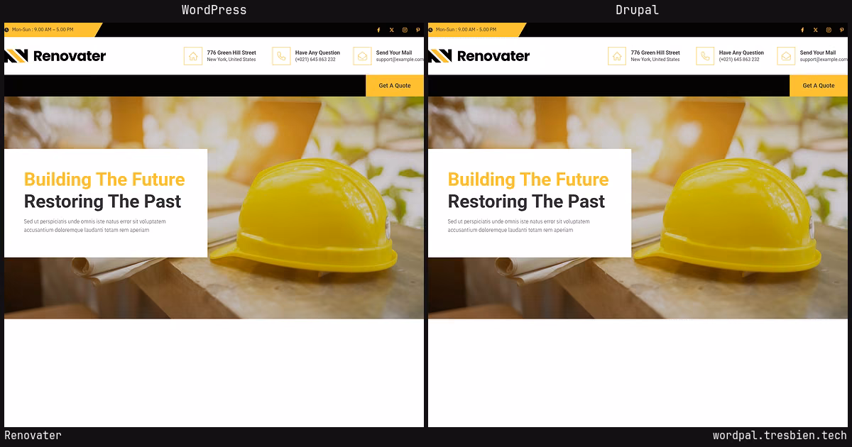 Renovater home page: WordPress original on the left, Drupal conversion by WordPal on the right.