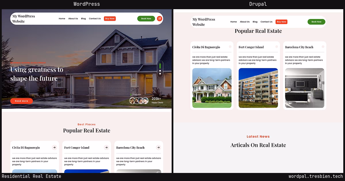 Residential Real Estate home page: WordPress original on the left, Drupal conversion by WordPal on the right. 9 elements differ.