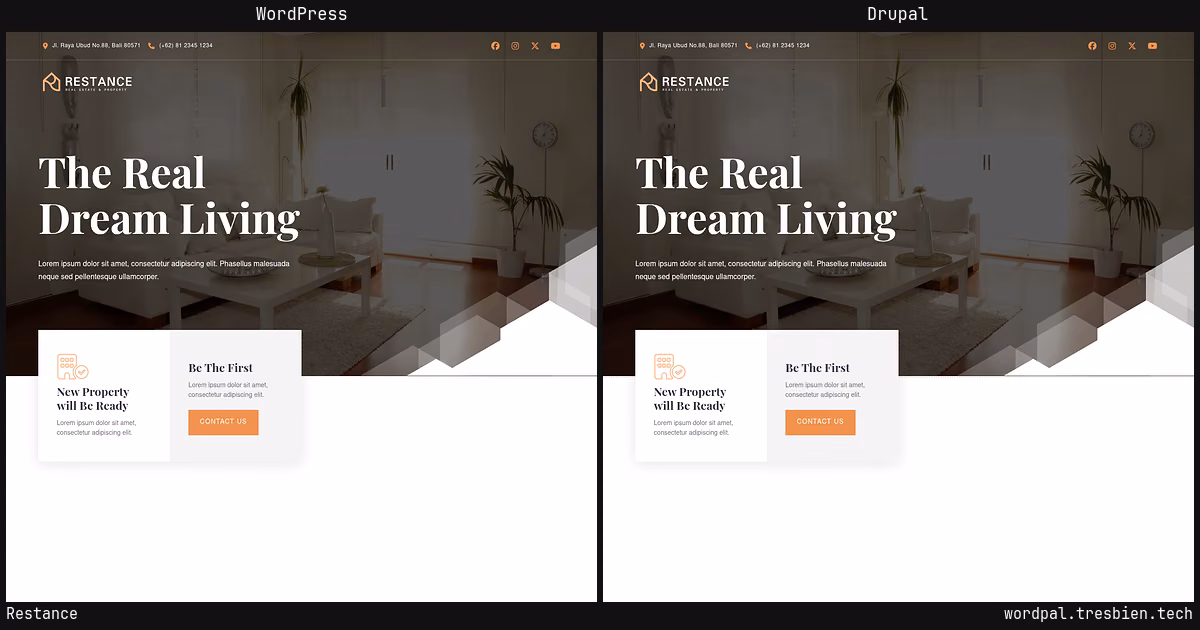 Restance home page: WordPress original on the left, Drupal conversion by WordPal on the right. 7 elements differ.