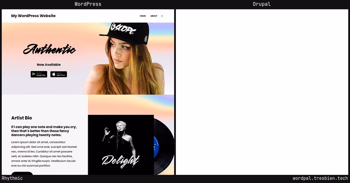 Rhythmic home page: WordPress original on the left, Drupal conversion by WordPal on the right. 7 elements differ.