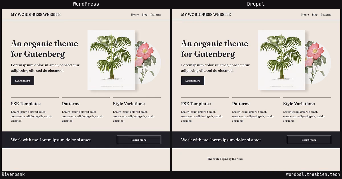 Riverbank home page: WordPress original on the left, Drupal conversion by WordPal on the right.