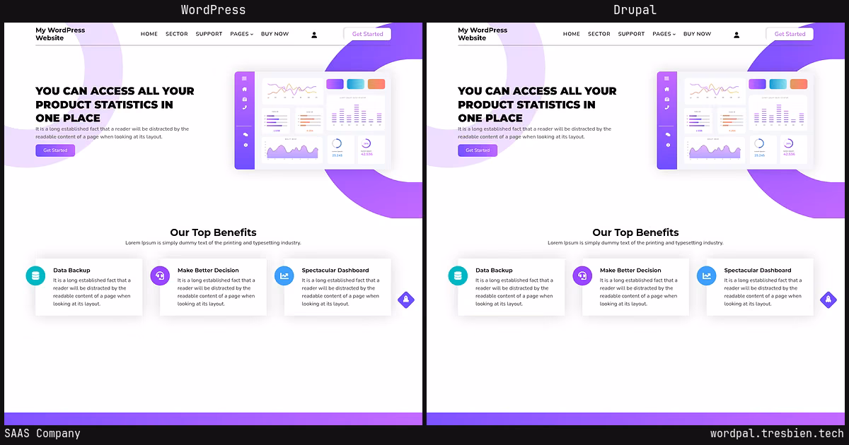 SAAS Company home page: WordPress original on the left, Drupal conversion by WordPal on the right. 2 elements differ.