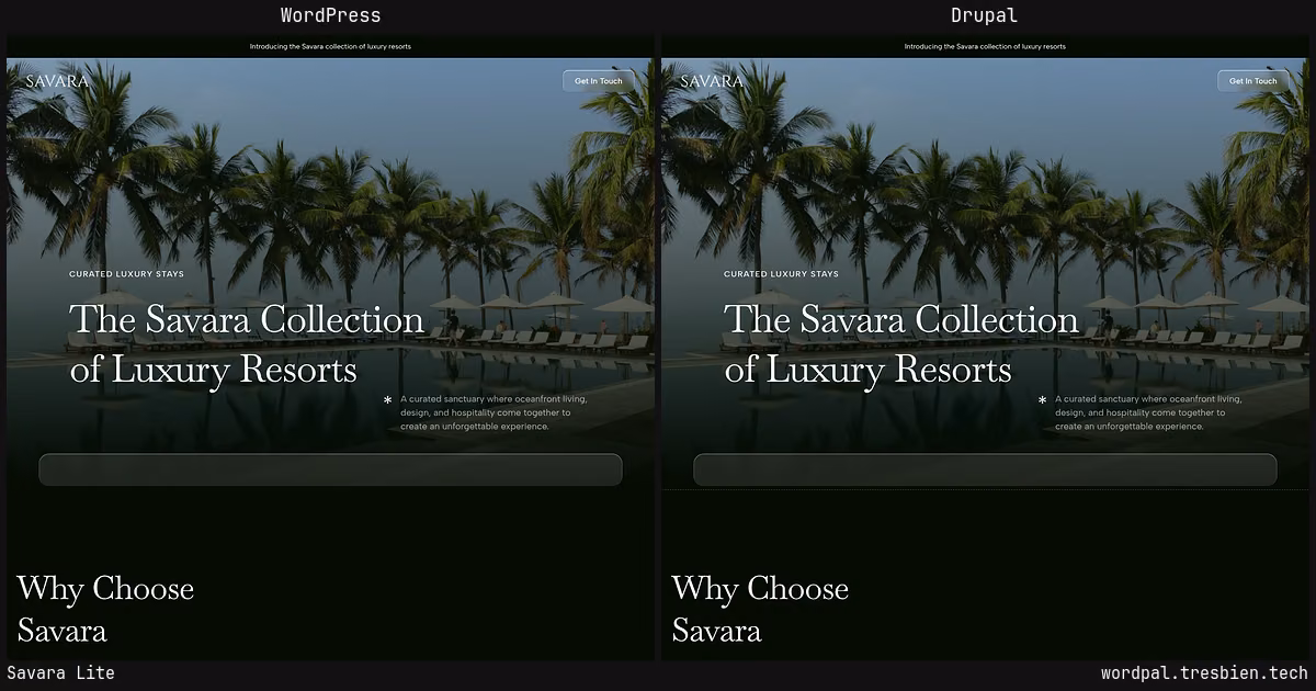 Savara Lite home page: WordPress original on the left, Drupal conversion by WordPal on the right. 17 elements differ.