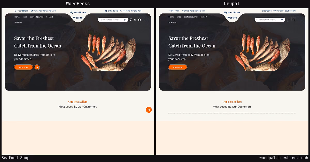Seafood Shop home page: WordPress original on the left, Drupal conversion by WordPal on the right. 18 elements differ.