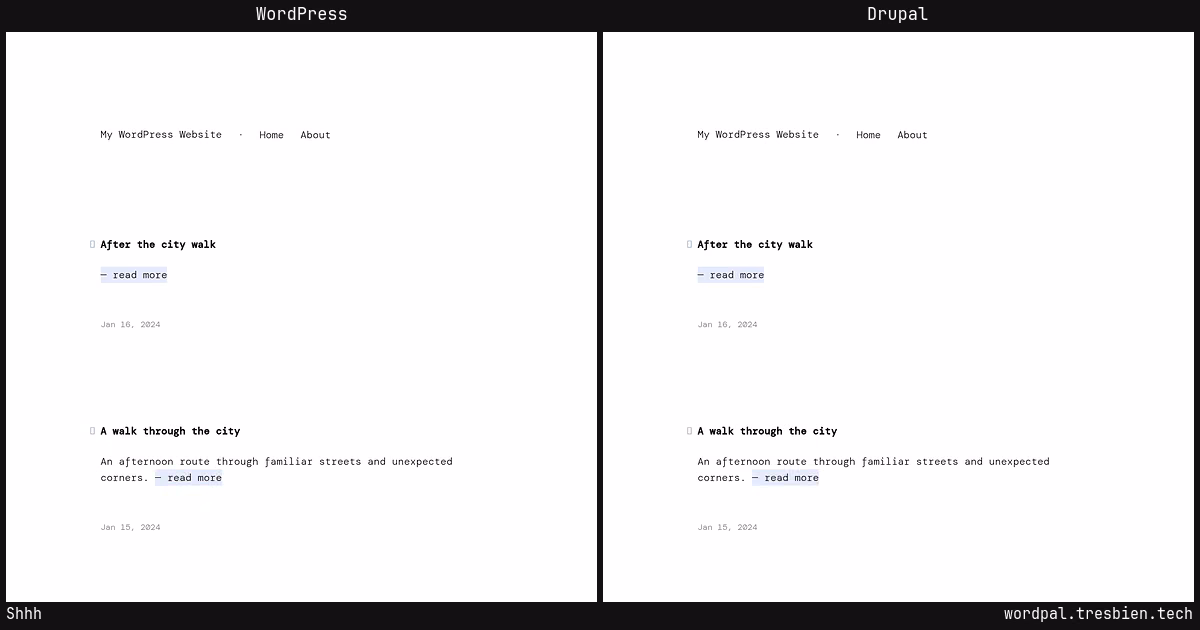 Shhh home page: WordPress original on the left, Drupal conversion by WordPal on the right.