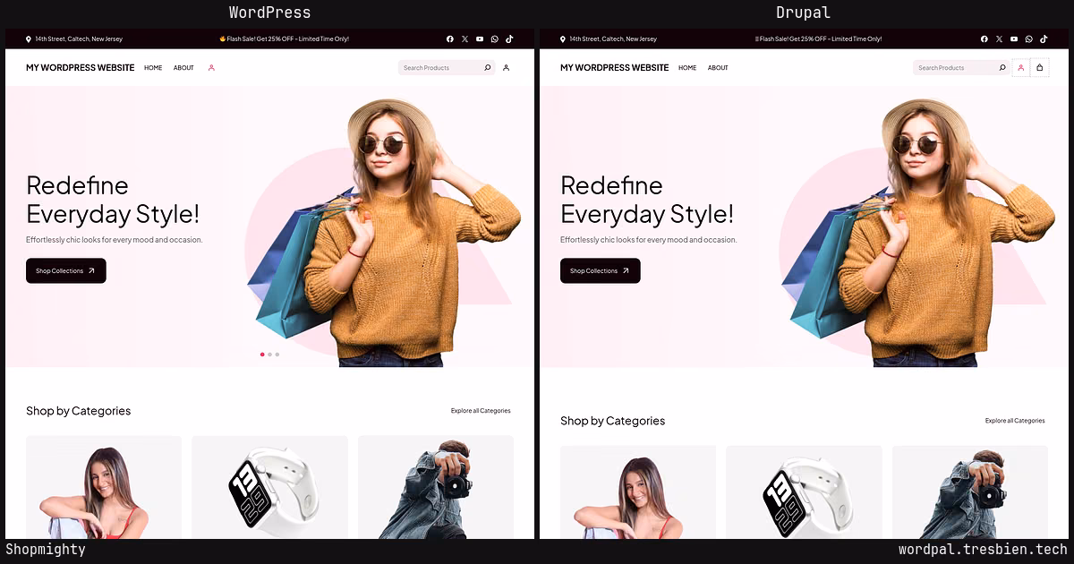 Shopmighty home page: WordPress original on the left, Drupal conversion by WordPal on the right. 13 elements differ.