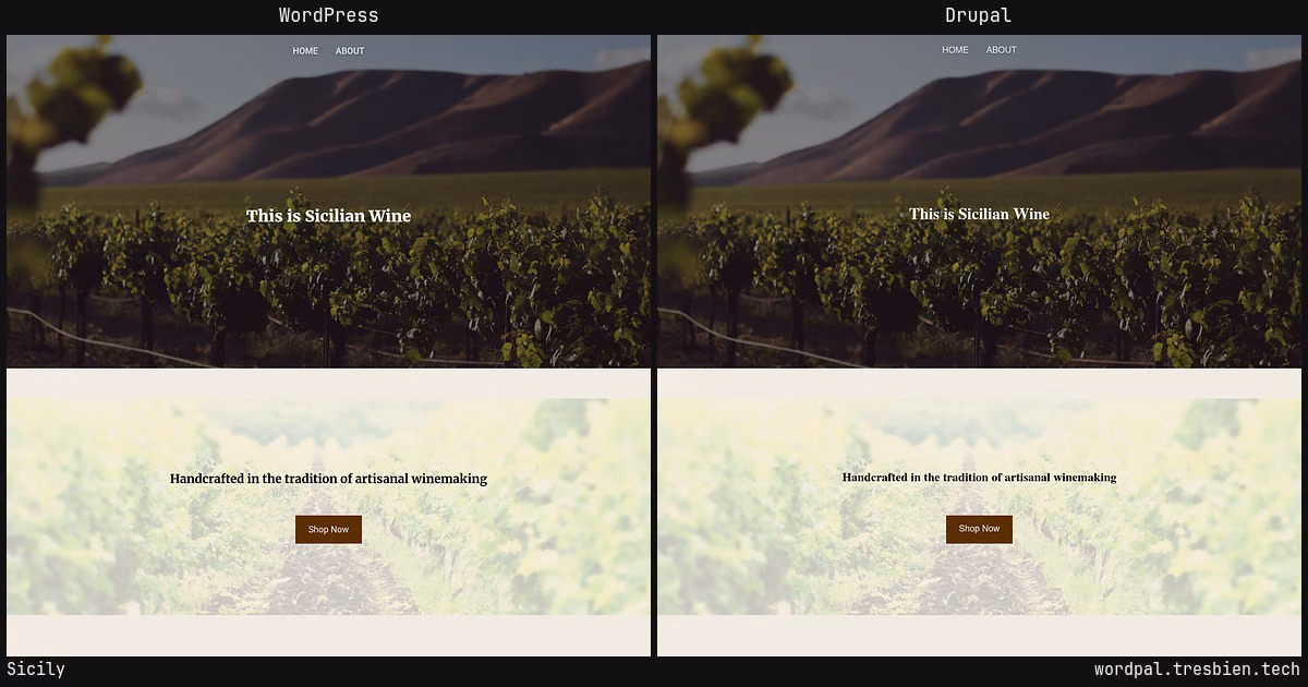Sicily home page: WordPress original on the left, Drupal conversion by WordPal on the right. 10 elements differ.