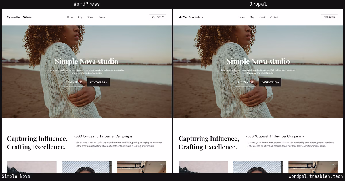 Simple Nova home page: WordPress original on the left, Drupal conversion by WordPal on the right.