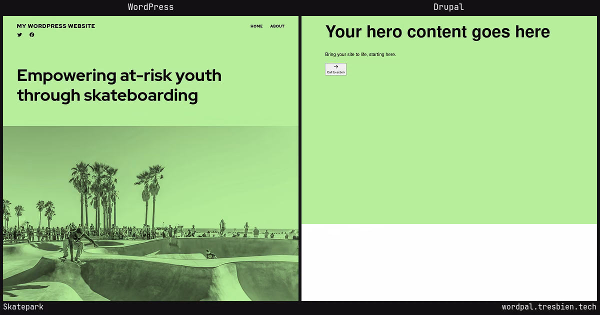 Skatepark home page: WordPress original on the left, Drupal conversion by WordPal on the right.