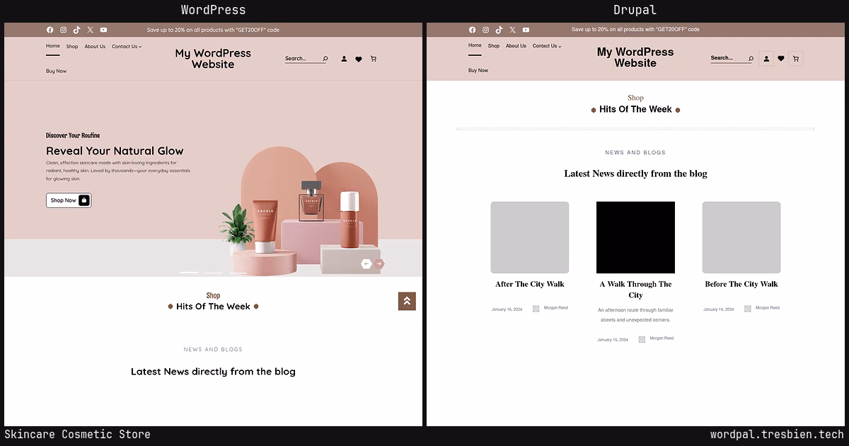 Skincare Cosmetic Store home page: WordPress original on the left, Drupal conversion by WordPal on the right. 48 elements differ.