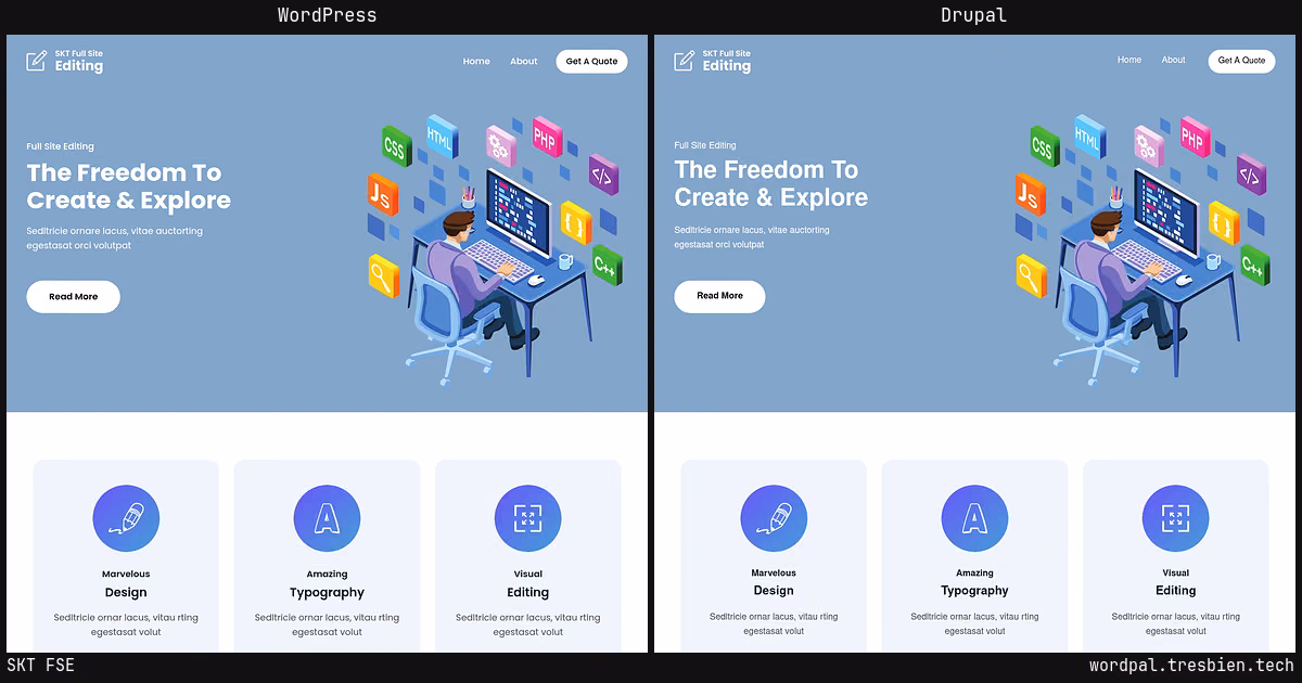 SKT FSE home page: WordPress original on the left, Drupal conversion by WordPal on the right.