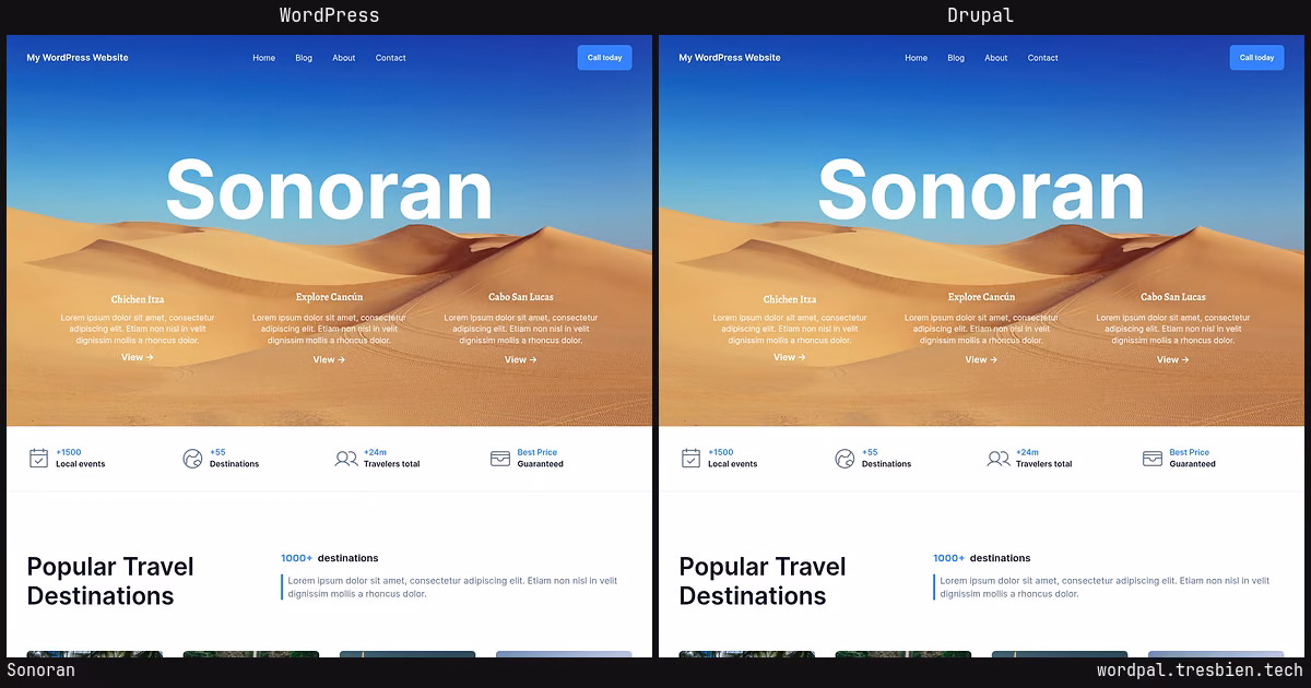 Sonoran home page: WordPress original on the left, Drupal conversion by WordPal on the right.