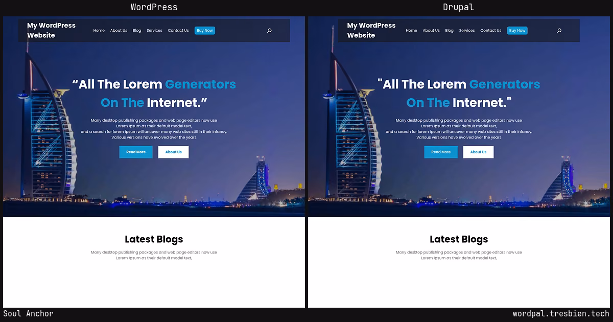 Soul Anchor home page: WordPress original on the left, Drupal conversion by WordPal on the right. 3 elements differ.