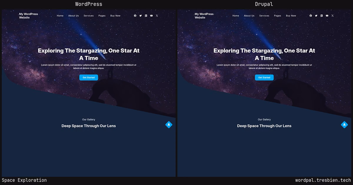 Space Exploration home page: WordPress original on the left, Drupal conversion by WordPal on the right. 1 elements differ.