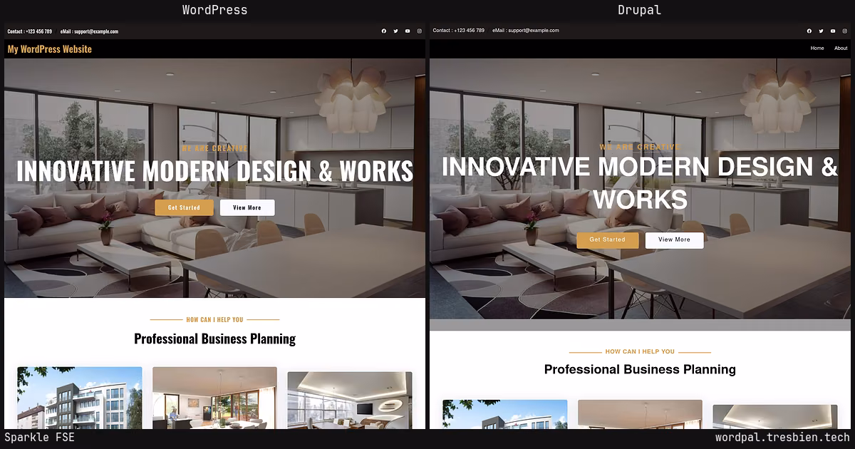 Sparkle FSE home page: WordPress original on the left, Drupal conversion by WordPal on the right. 10 elements differ.