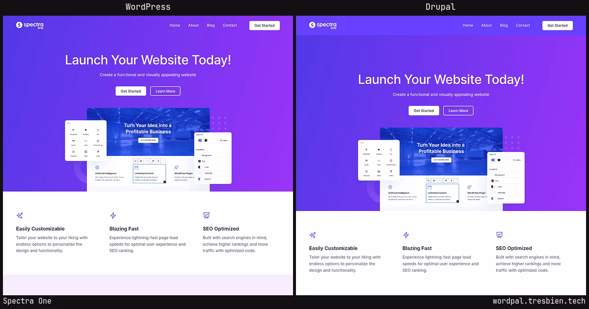 Spectra One home page: WordPress original on the left, Drupal conversion by WordPal on the right. 4 elements differ.