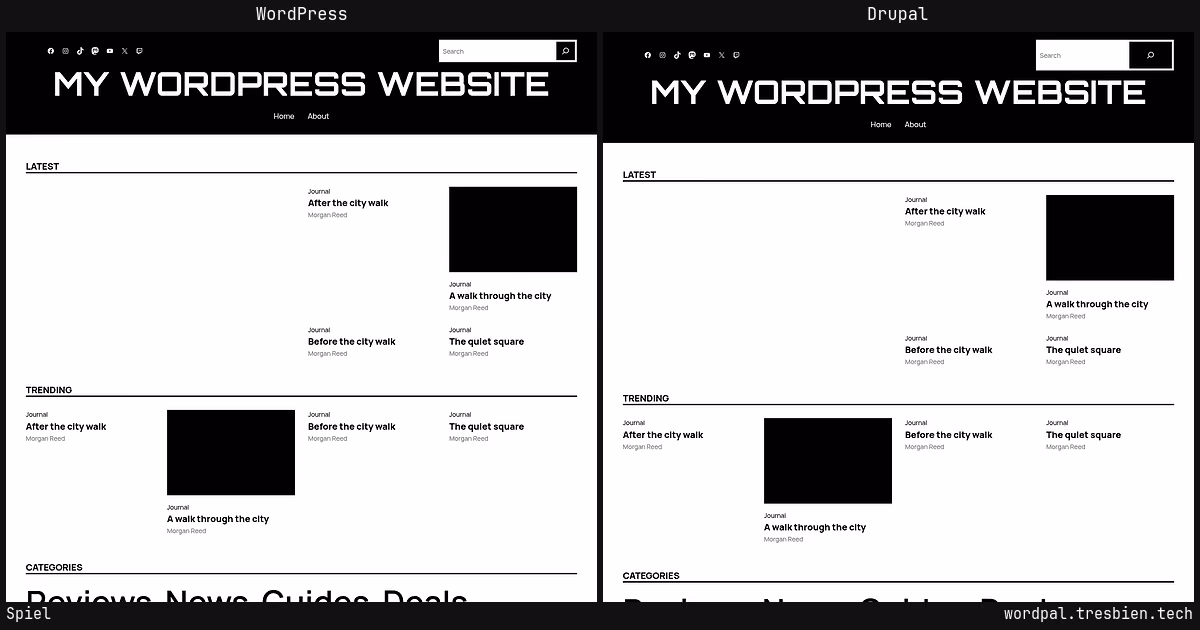 Spiel home page: WordPress original on the left, Drupal conversion by WordPal on the right. 2 elements differ.