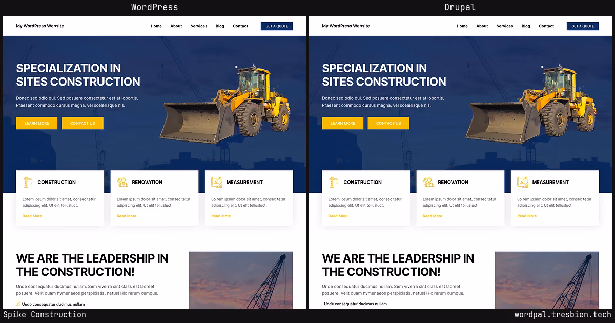 Spike Construction home page: WordPress original on the left, Drupal conversion by WordPal on the right. 12 elements differ.
