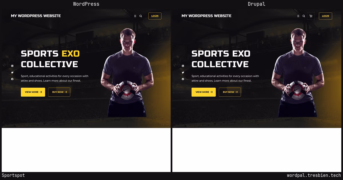 Sportspot home page: WordPress original on the left, Drupal conversion by WordPal on the right. 5 elements differ.