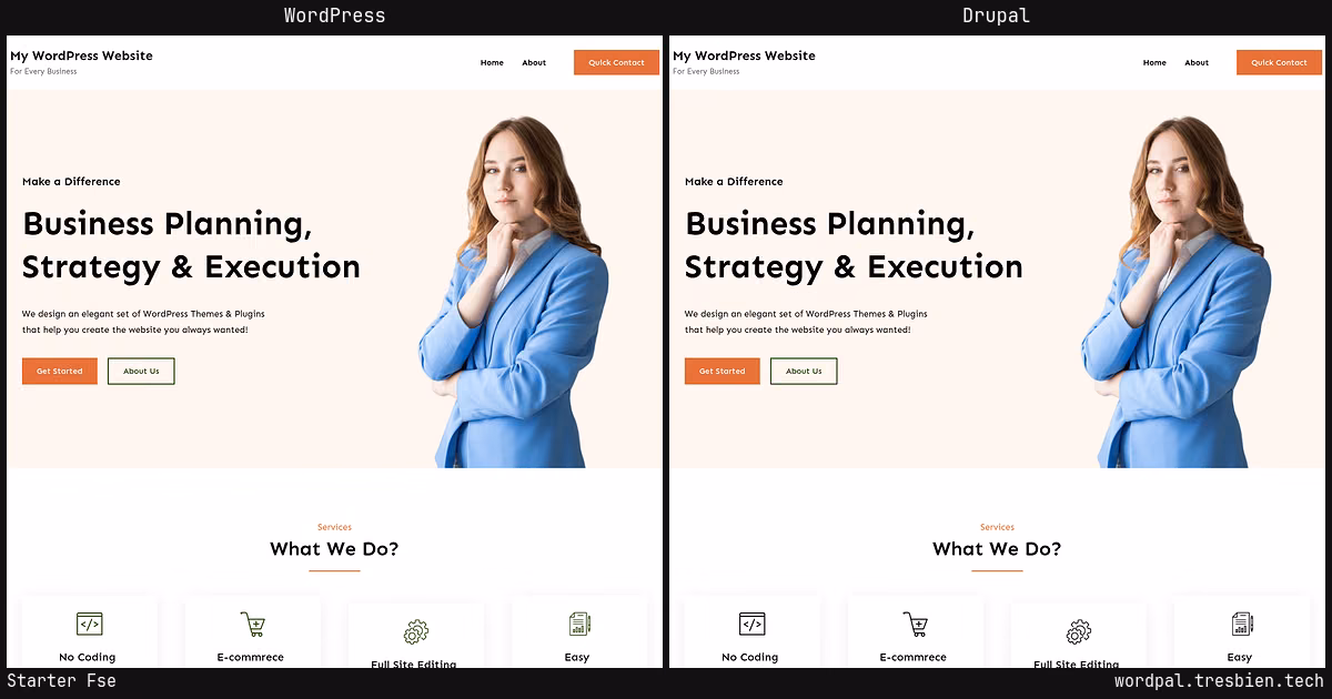 Starter Fse home page: WordPress original on the left, Drupal conversion by WordPal on the right. 3 elements differ.