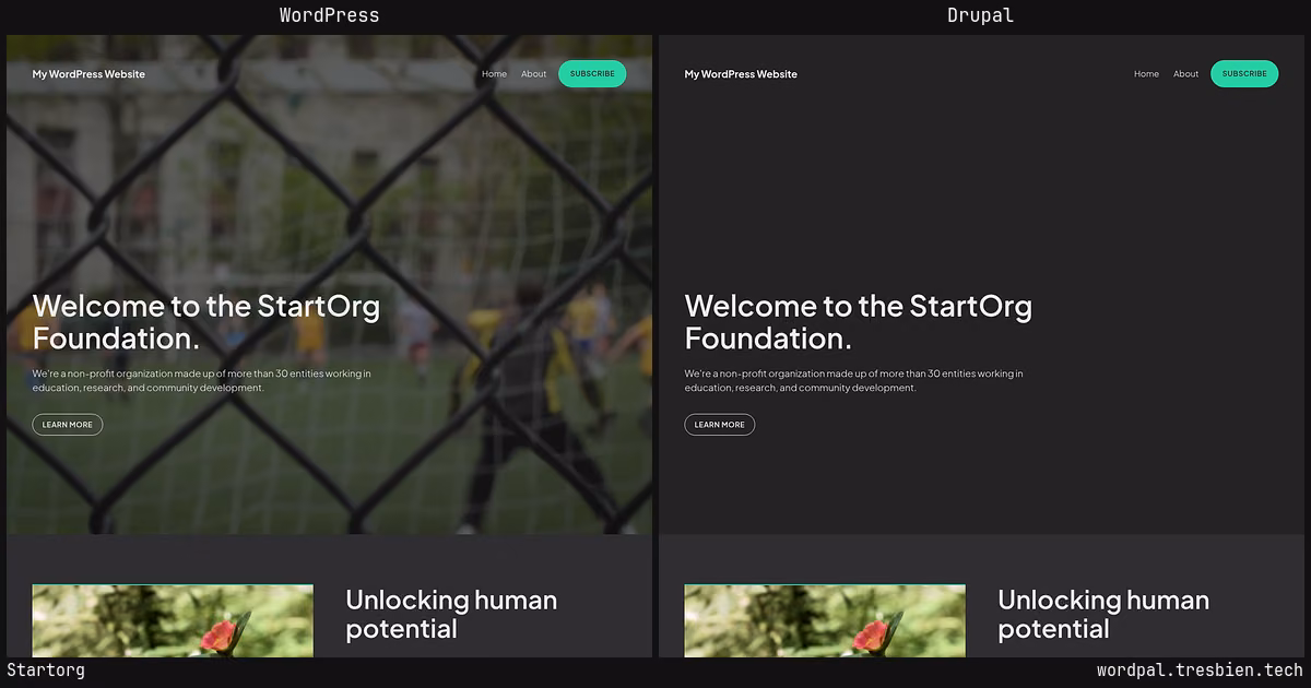 Startorg home page: WordPress original on the left, Drupal conversion by WordPal on the right. 2 elements differ.