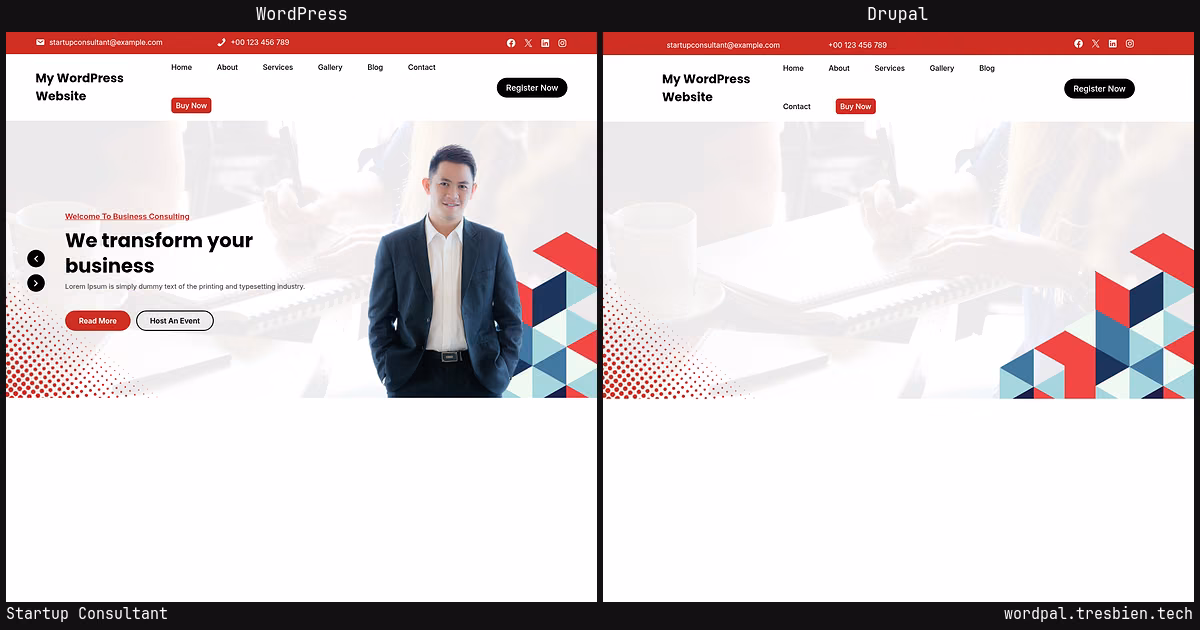 Startup Consultant home page: WordPress original on the left, Drupal conversion by WordPal on the right. 4 elements differ.