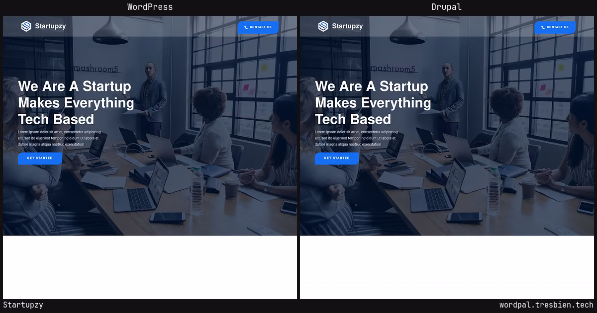 Startupzy home page: WordPress original on the left, Drupal conversion by WordPal on the right. 7 elements differ.