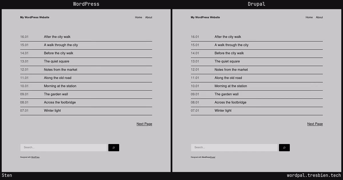 Sten home page: WordPress original on the left, Drupal conversion by WordPal on the right. 2 elements differ.