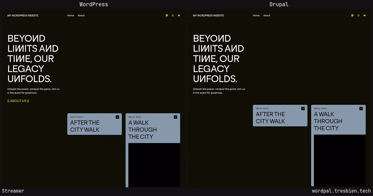 Streamer home page: WordPress original on the left, Drupal conversion by WordPal on the right. 3 elements differ.
