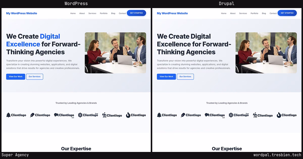 Super Agency home page: WordPress original on the left, Drupal conversion by WordPal on the right. 12 elements differ.